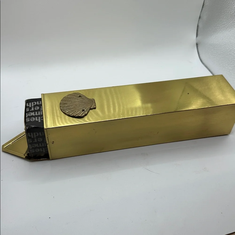 Vintage Mid Century Brass Fireplace Tall Matchbox Holder w/Shell Design